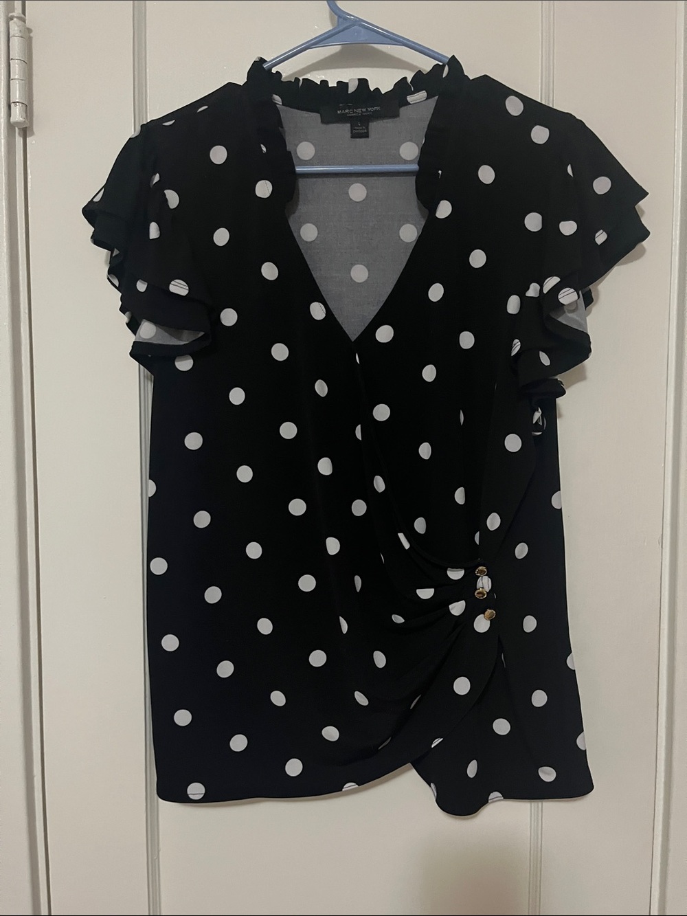 Marc New York Black and White Polka Dot Ruffle-Sleeve Wrap Top